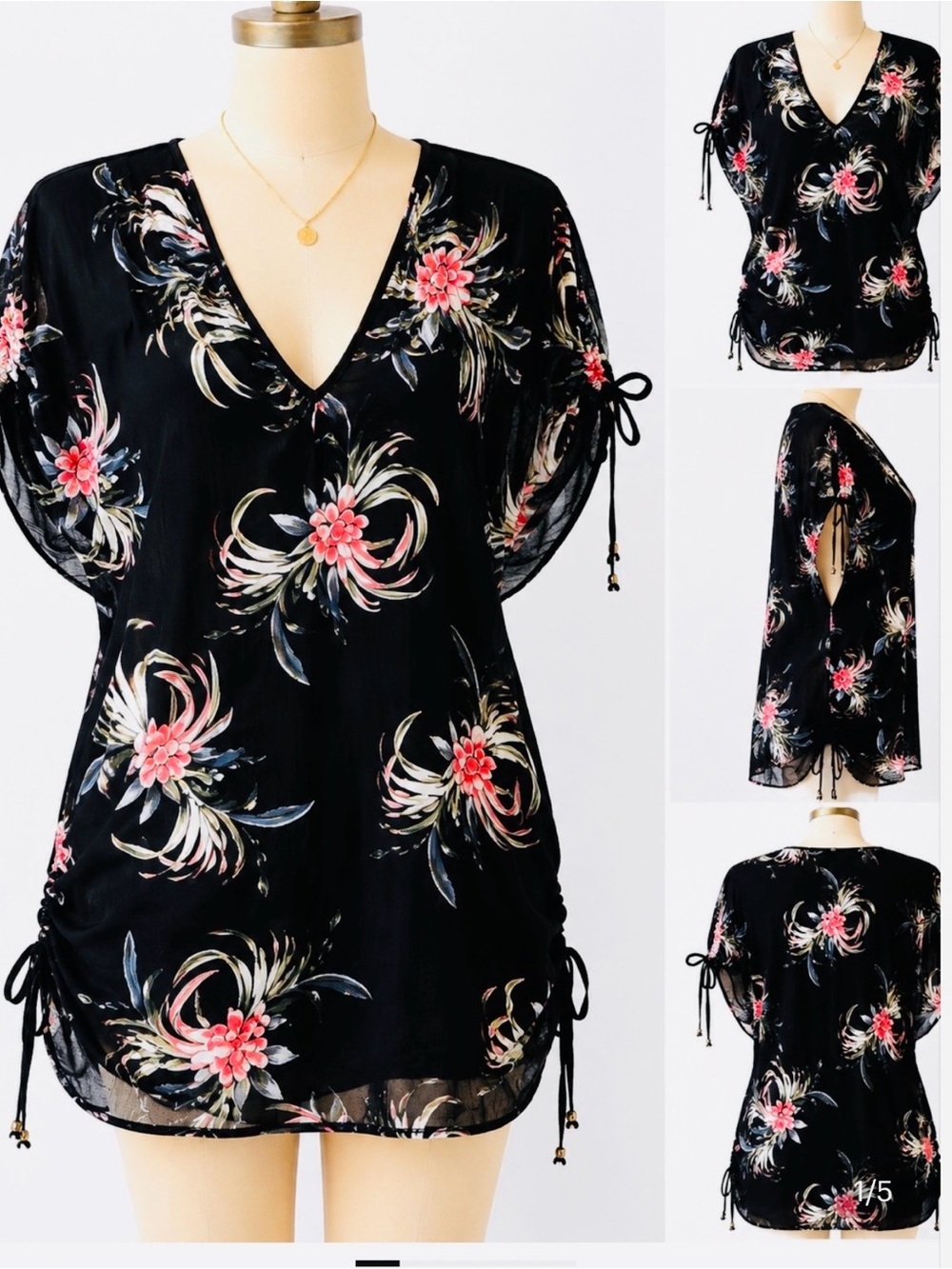 Floral Black V-Neck Swim Coverup Tunic